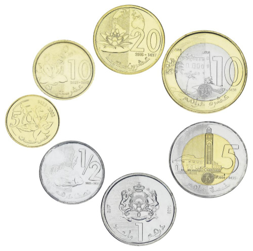 фото Марокко набор из 7 монет 2002-2021 UNC 5, 10, 20, 50 сантим, 1, 5, 10 дирхам