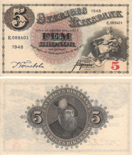 фото Швеция 5 крон 1948 UNC