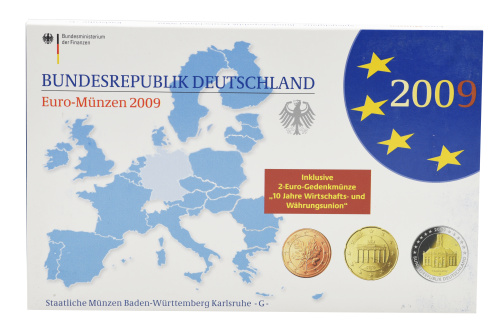 фото Германия набор из 9 монет евро 2009 UNC G 1, 2, 5, 10, 20, 50 евроцентов, 1, 2 евро, памятная 2 евро Блистер