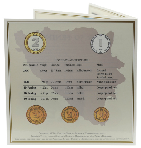 фото Босния и Герцеговина набор из 5 монет 2000 UNC 10, 20, 50 фенингов, 1, 2 марки в сувенироной упаковке