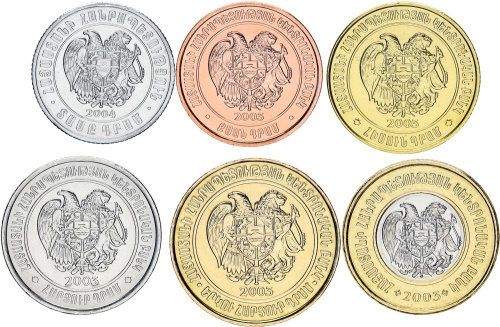 фото Армения набор из 6 монет 2003-2005 UNC 10, 20, 50, 100, 200, 500 драм
