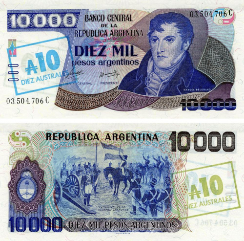 фото Аргентина 10 аустраль 1985 UNC 10000 песо (P322с)