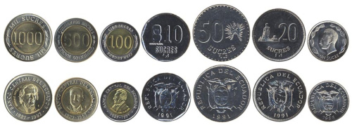 фото Эквадор набор из 7 монет 1988-1991 UNC