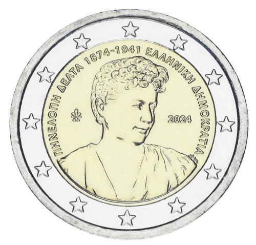 фото Греция 2 евро 2024 Биметалл UNC 150 лет со дня рождения Пенелопы Дельты