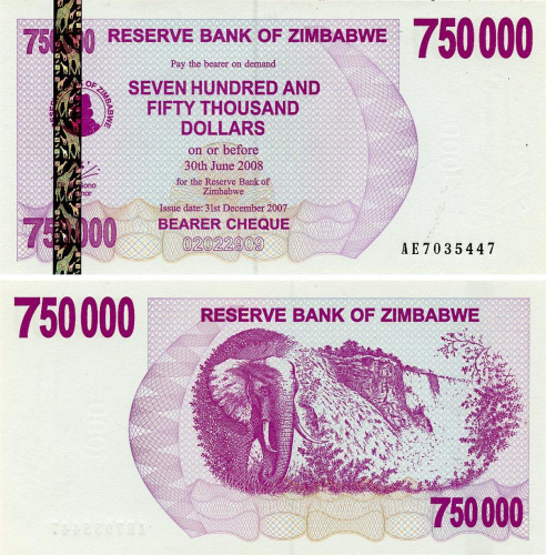 фото Зимбабве 750000 долларов 2008 UNC Слон (P52)