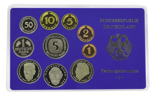 фото Германия набор из 10 монет 1990 Proof J 1, 2, 5, 10, 50 пфеннигов, 1, 2, 2, 2, 5 марок в сувенирной упаковке