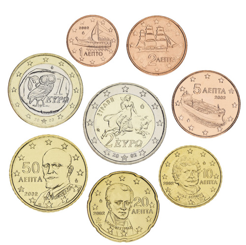 фото Греция набориз 8 монет евро 2002 UNC 1, 2, 5, 10, 20, 50 евроцентов, 1, 2 евро
