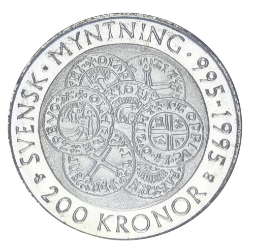 фото Швеция 200 крон 1995 Серебро UNC 1000 лет монетам Швеции (Ag 925, 27,03 грамм)