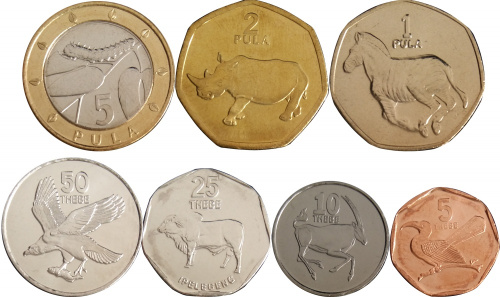 фото Ботсвана набор из 7 монет 2001-2009 UNC 5, 10, 25, 50 тхебе, 1, 2, 5 пула