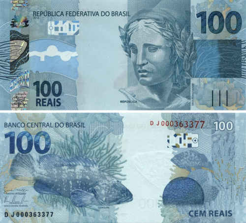 фото Бразилия 100 реалов 2010 UNC Рыба - Груперы (P257)