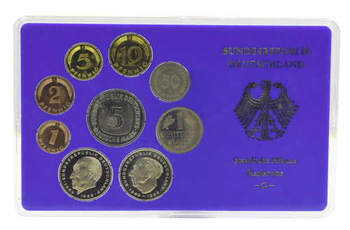 фото Германия набор из 10 монет 1976 Proof G 1, 2, 5, 10, 50 пфеннигов, 1, 2, 2, 2, 5 марок в сувенирной упаковке