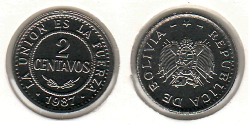 фото Боливия 2 сентаво 1987 UNC (km#200)