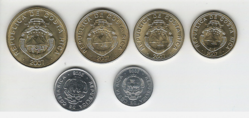 фото Коста-Рика набор из 6 монет 2007 UNC 5, 10, 25, 50, 100, 500 колонов
