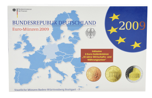 фото Германия набор из 9 монет евро 2009 UNC F 1, 2, 5, 10, 20, 50 евроцентов, 1, 2 евро, памятная 2 евро Блистер
