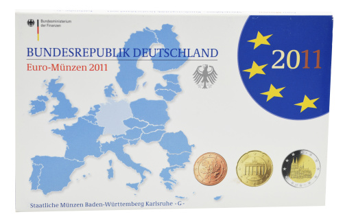 фото Германия набор из 9 монет евро 2011 UNC G 1, 2, 5, 10, 20, 50 евроцентов, 1, 2 евро, памятная 2 евро Блистер