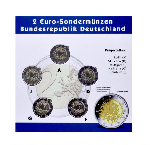 фото Германия набор из 5 монет по 2 евро 2015 A, D, F, G, J «Европейский флаг» UNC в сувенирной упаковке
