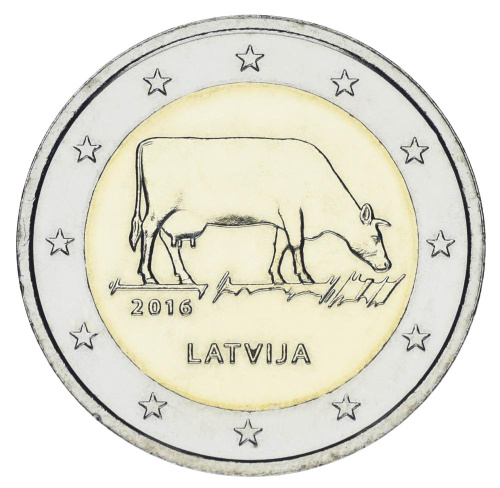 фото Латвия 2 евро 2016 Биметалл UNC Корова Латвийская коричневая