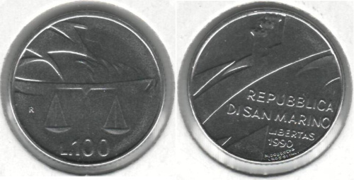 фото Сан-Марино 100 лир 1990 VF (KM#254)