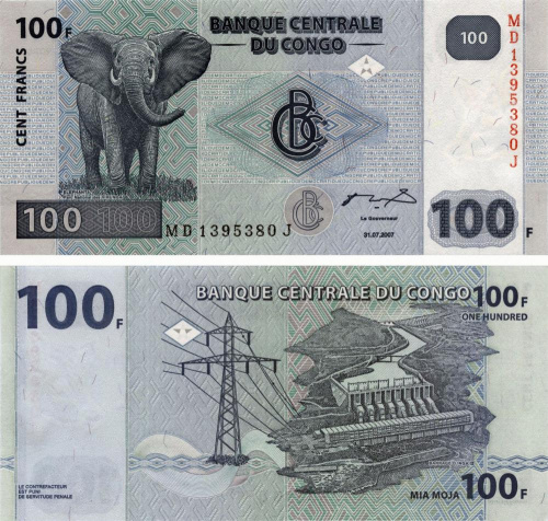 фото Демократическая республика Конго 100 франков 2007 UNC Слон (P98)