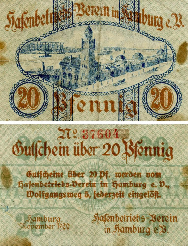 фото Германия Нотгельд  20 пфеннигов 1920  F-VF Гамбург