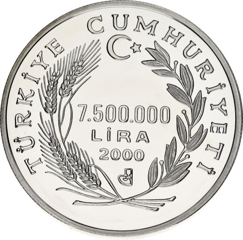 фото Турция 7500000 лир 2000 Серебро UNC Мир Голуби