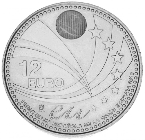 фото Испания 12 евро 2010 Серебро UNC Председательство Испании в ЕС (Ag 925, 18 грамм)