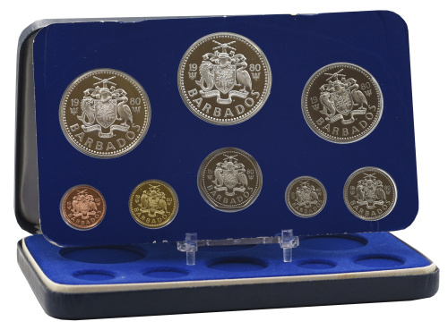 фото Барбадос набор из 8 монет 1980 Proof 1, 5, 10, 25 центов, 1, 2, 5 (серебро), 10 (серебро) долларов