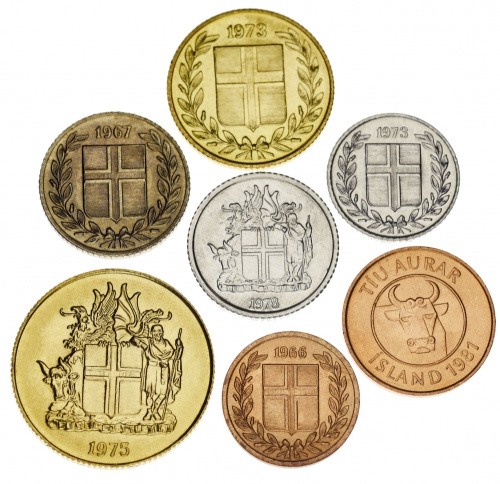 фото Исландия набор из 7 монет 1965-1981 F-VF 1, 10, 10, 25, 50 эйре, 1, 1 крона