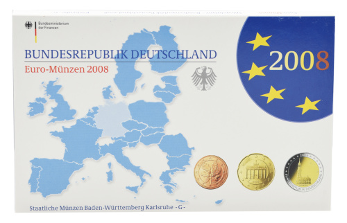 фото Германия набор из 9 монет евро 2008 UNC G 1, 2, 5, 10, 20, 50 евроцентов, 1, 2 евро, памятная 2 евро Блистер
