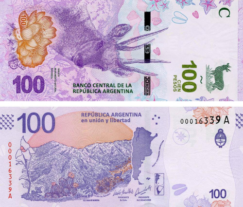 фото Аргентина 100 песо 2018 UNC Перуанский олень (P363)