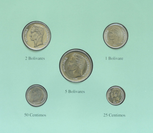 фото Венесуэла набор из 5 монет 1988-1989 UNC 25, 50 сентим, 1, 2, 5 боливар и 1 марка в сувенирной упаковке