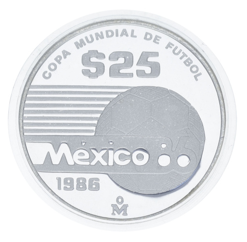 фото Мексика 25 песо 1986 Серебро Proof Чемпионат мира по футболу в Мексике в 1986 году - Надпись на мяче