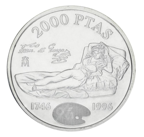 фото Испания 2000 песет 1996 Серебро UNC 250 лет со дня рождения Франсиско Гойя (Ag 925, 18 грамм)
