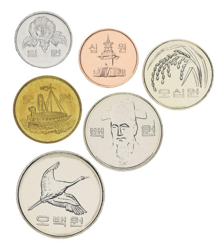 фото Южная Корея набор из 6 монет 1983-2016 UNC 1, 5, 10, 50, 100, 500 вон