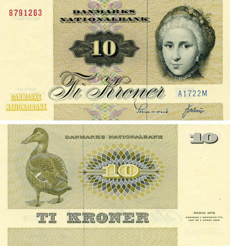 фото Дания 10 крон 1972 UNC Птица - Утка (P48a)