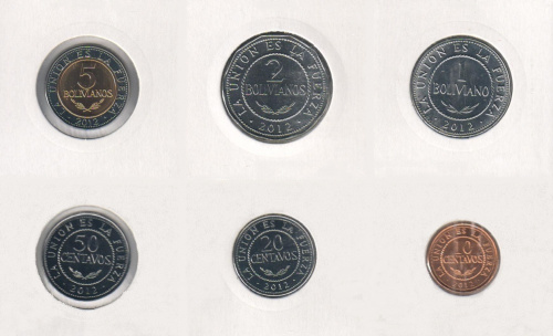 фото Боливия набор из 6 монет 2012-2017 UNC 10, 20, 50 сентаво, 1, 2, 5 боливиано