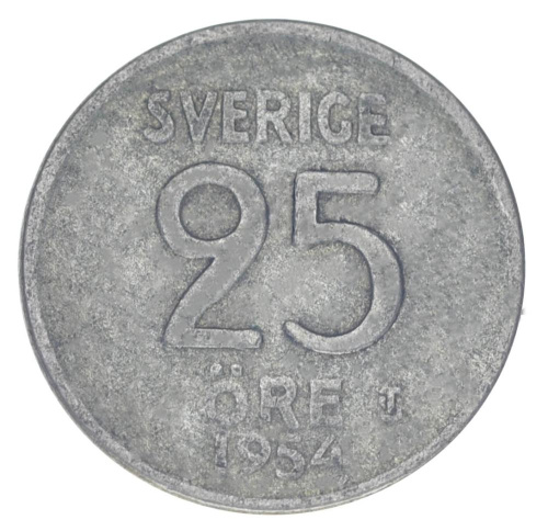 фото Швеция 25 эре 1954 Серебро F-VF (Ag 400, 2,32 грамма)