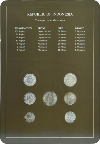 фото Индонезия Набор монет 1970-1979 UNC 1, 2, 5, 10, 25, 50, 100 рупий и 1 марка в сувенирной упаковке