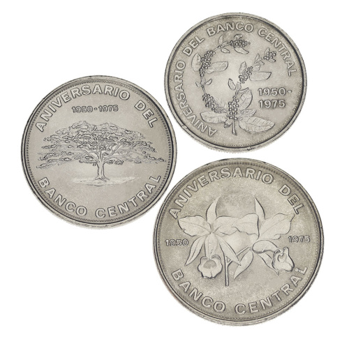 фото Коста-Рика набор из 3 монет 1975 VF-AU 25 лет Центральному банку 5, 10, 20 колонов