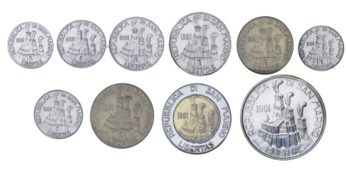 фото Сан-Марино набор из 10 монет 1991 UNC 1, 2, 5, 10, 20, 50, 100, 200, 500, 1000 лир (серебро)