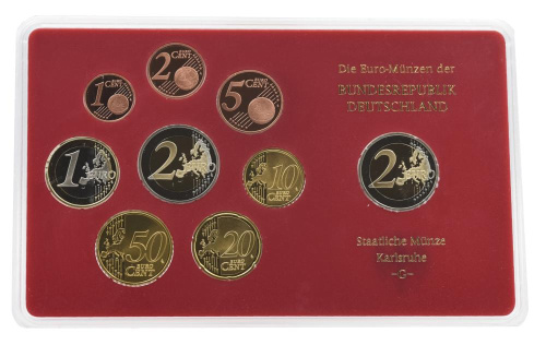 фото Германия набор из 9 монет евро 2010 UNC G 1, 2, 5, 10, 20, 50 евроцентов, 1, 2 евро, памятная 2 евро Блистер