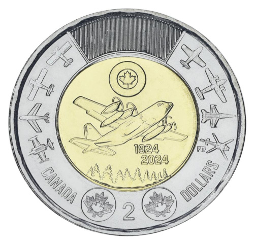 фото Канада 2 доллара 2024 Биметалл UNC 100 лет Королевским военно-воздушным силам Канады