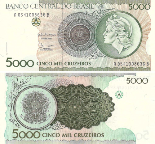 фото Бразилия 5000 крузейро 1990 UNC (P227)