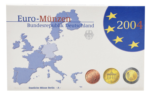фото Германия набор из 8 монет евро 2004 UNC A 1, 2, 5, 10, 20, 50 евроцентов, 1, 2 евро в сувенирной упаковке