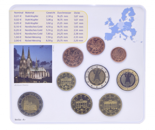 фото Германия набор из 9 монет евро 2011 UNC A 1, 2, 5, 10, 20, 50 евроцентов, 1, 2 евро, памятная 2 евро Блистер