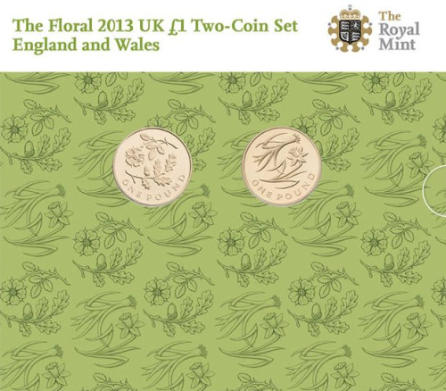фото Великобритания набор из 2 монет по 1 фунту 2013 «Англия и Уэльс» UNC в сувенирной упаковке
