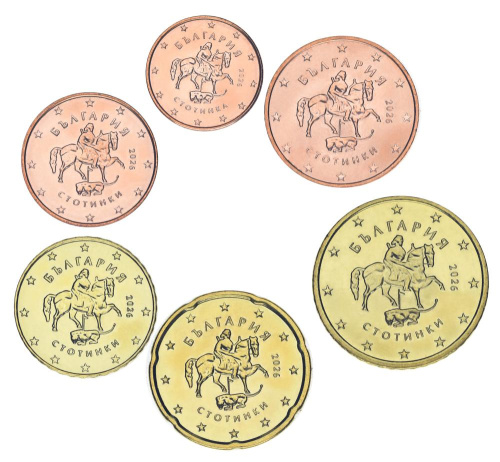 фото Болгария набор из 6 монет евро 2026 UNC 1, 2, 5, 10, 20, 50 евроцентов