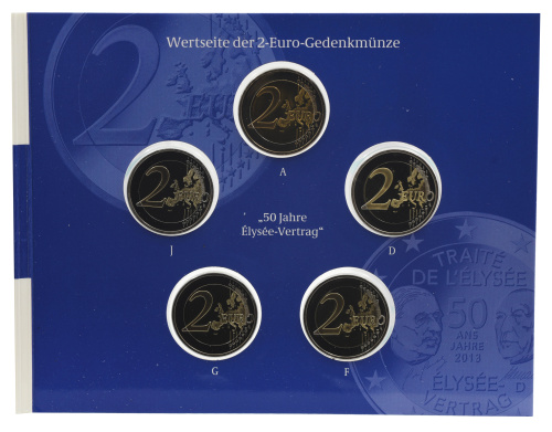 фото Германия набор монет евро 2013 A, D, F, G, J «Елисейский договор» UNC все монетные дворы (5 штук)