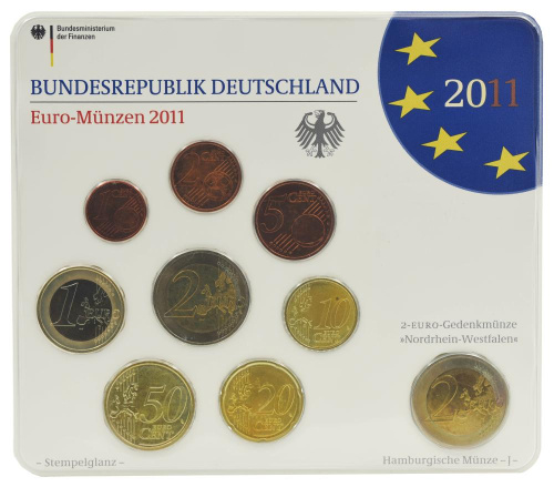 фото Германия набор из 9 монет евро 2011 UNC D 1, 2, 5, 10, 20, 50 евроцентов, 1, 2 евро, памятная 2 евро Блистер
