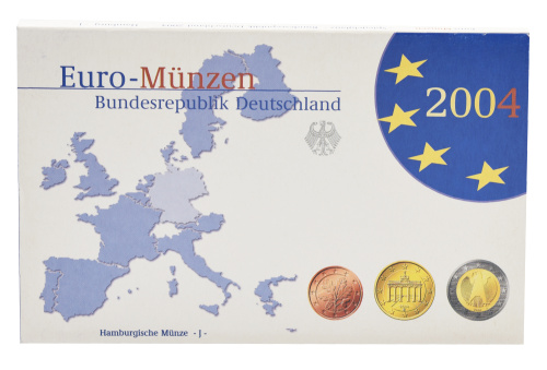 фото Германия набор из 8 монет евро 2004 UNC J 1, 2, 5, 10, 20, 50 евроцентов, 1, 2 евро в сувенирной упаковке